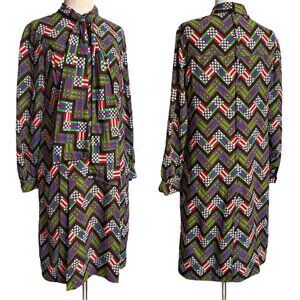 70s vintage wool shift dress midi shirt geometric pattern abstract print tie.